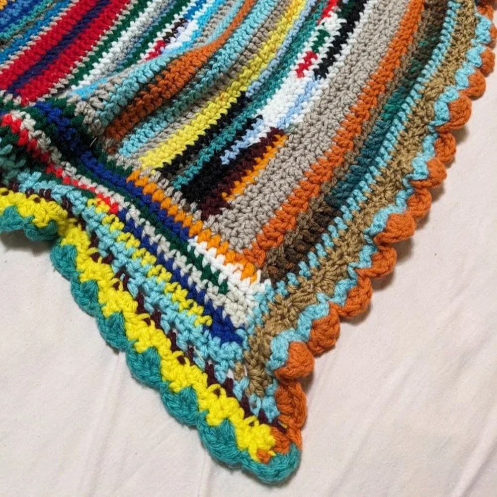Handmade Crochet Scrap Yarn Blanket Multi Color Boho Striped Throw Scallop Edge